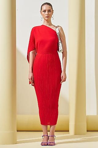 red pleated polyester one-shoulder draped dress
