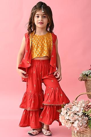 red poly georgette floral printed & embroidered sharara set for girls