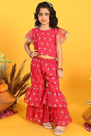 red poly georgette printed sharara set for girls