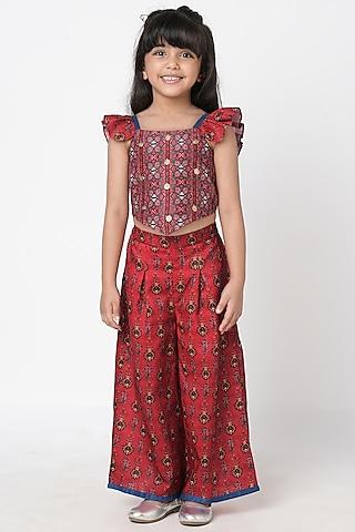 red polyester printed co-ord set for girls