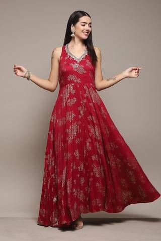 red print ankle-length ethnic women flared fit dress