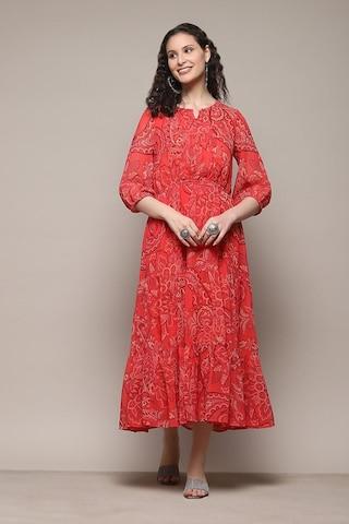 red print calf-length casual women tired fit dress
