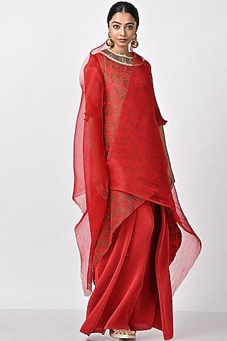 red printed & embroidered wrap