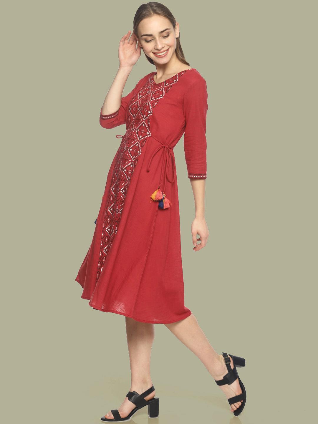 red-printed-a-line-dress-with-waist-tie-up
