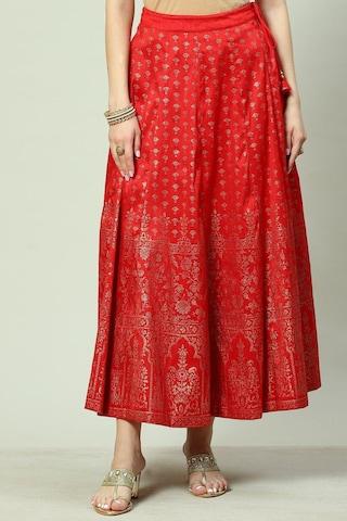 red printed ankle-length casual women flared fit skirt