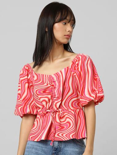 red printed balloon-sleeved top