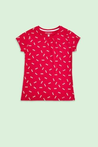 red printed casual half sleeves round neck girls regular fit t-shirt
