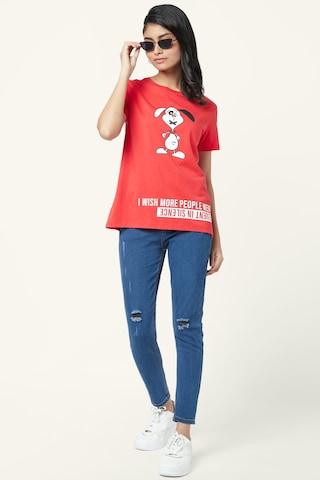 red printed casual half sleeves round neck women regular fit tee