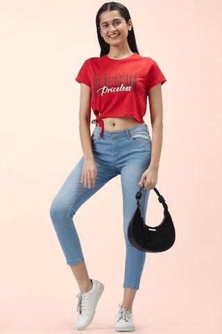red printed casual short sleeves round neck women crop fit top