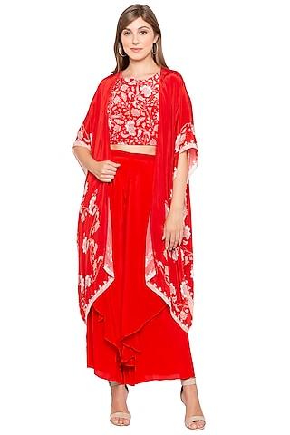 red printed crop top with pants & embroidered cape