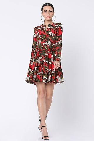 red printed dress with patch pockets