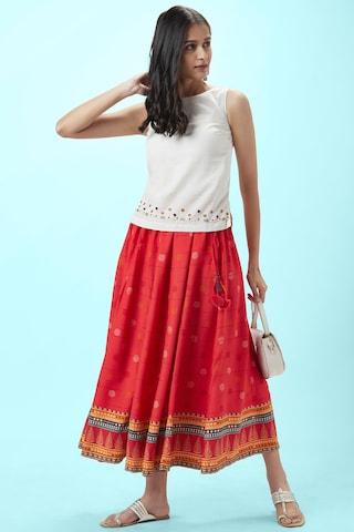 red printed full length casual women regular fit skirt