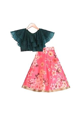 red printed lehenga with green top for girls