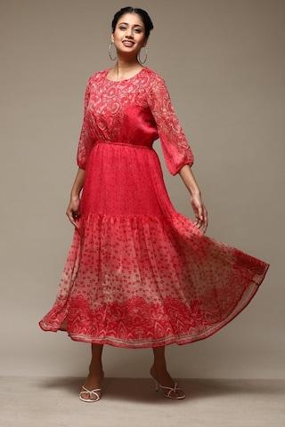red printed round neck casual ankle-length 3/4th sleeves women tiered fit dress