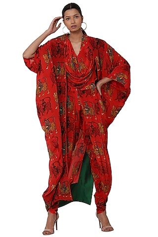 red printed top with dhoti pants & cape