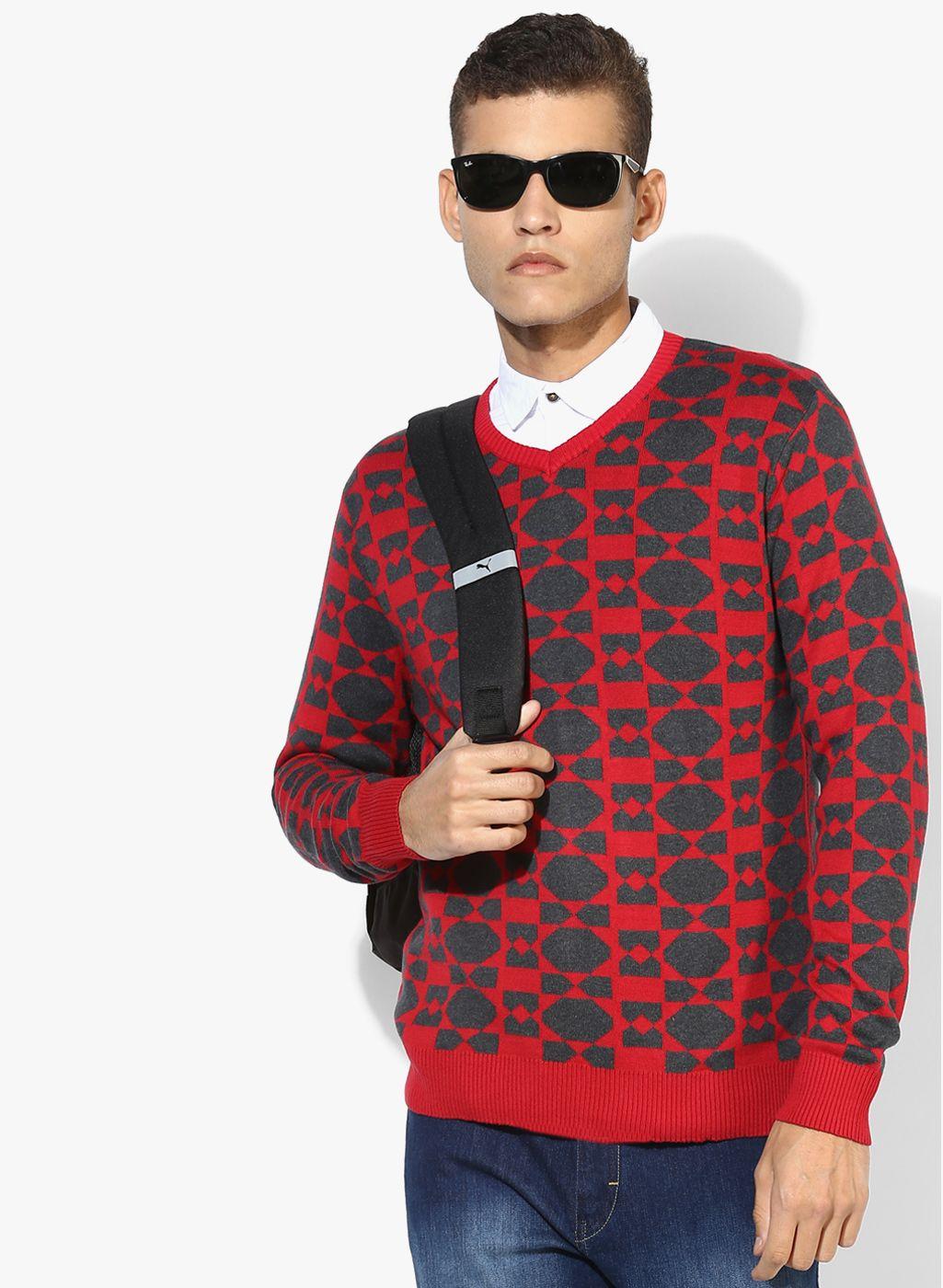 red printed v neck sweater