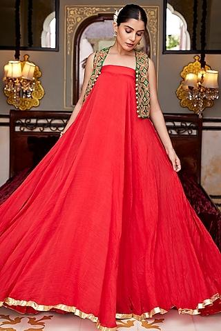 red pure chanderi tube gown with jacket