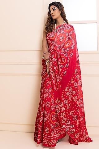 red pure georgette handcrafted bandhani saree set