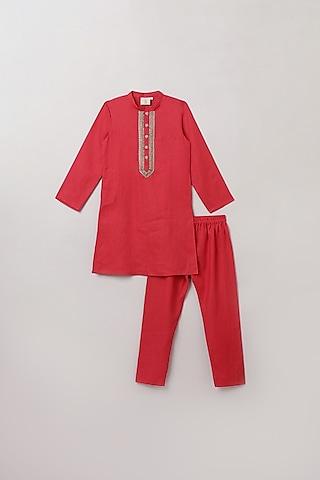 red pure linen kurta set for boys