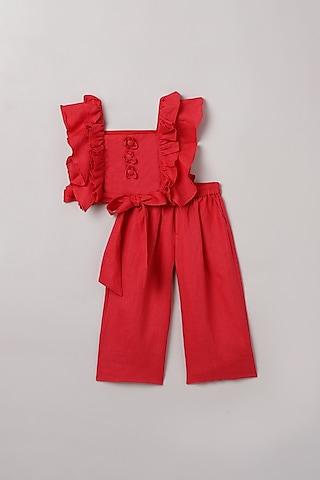 red pure linen pant set for girls