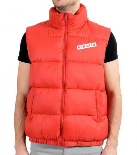 red quilted logo puffer jacket
