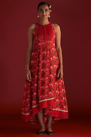 red raw silk digital printed high-low kurta dress