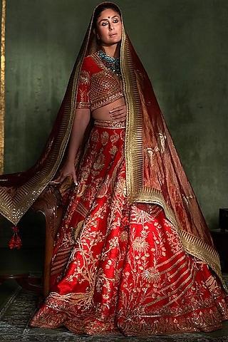 red raw silk thread & sitara embellished lehenga set