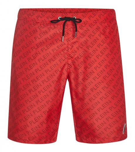 red repetitive logo swim shorts