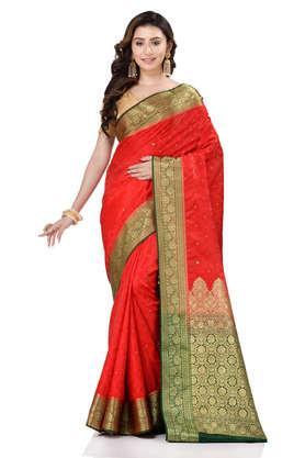 red satin silk saree with all over floral jacquard weave and stone work embellished with blouse piece - red