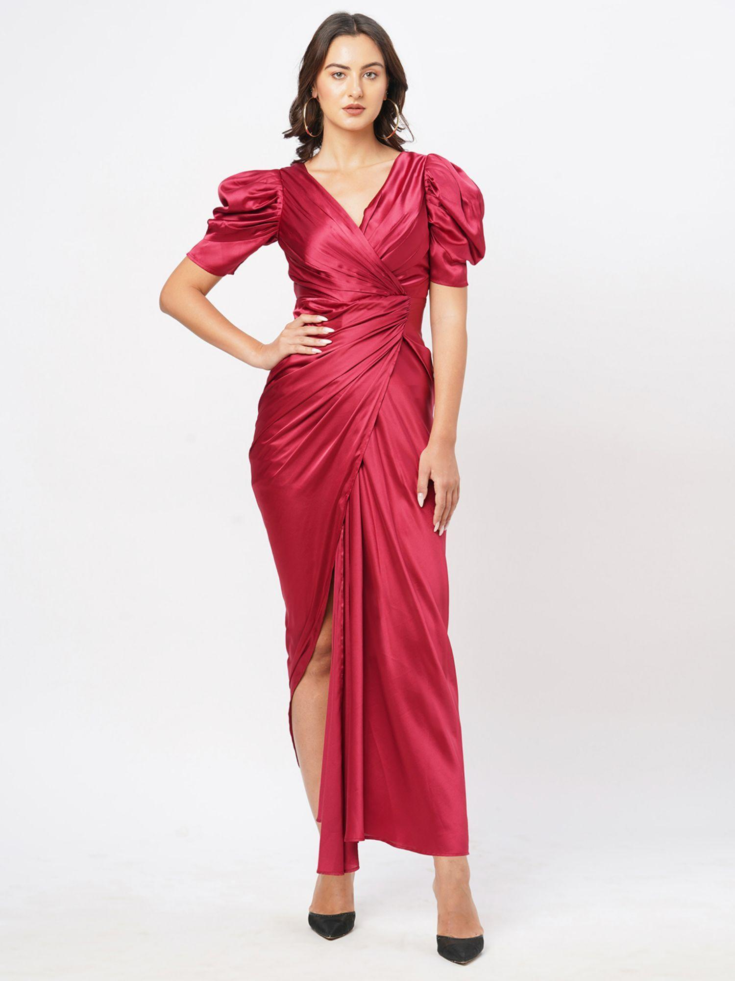 red satin wrap style maxi dress
