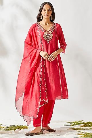 red sequins embroidered kurta set for girls