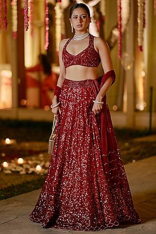 red sequins embroidered lehenga set