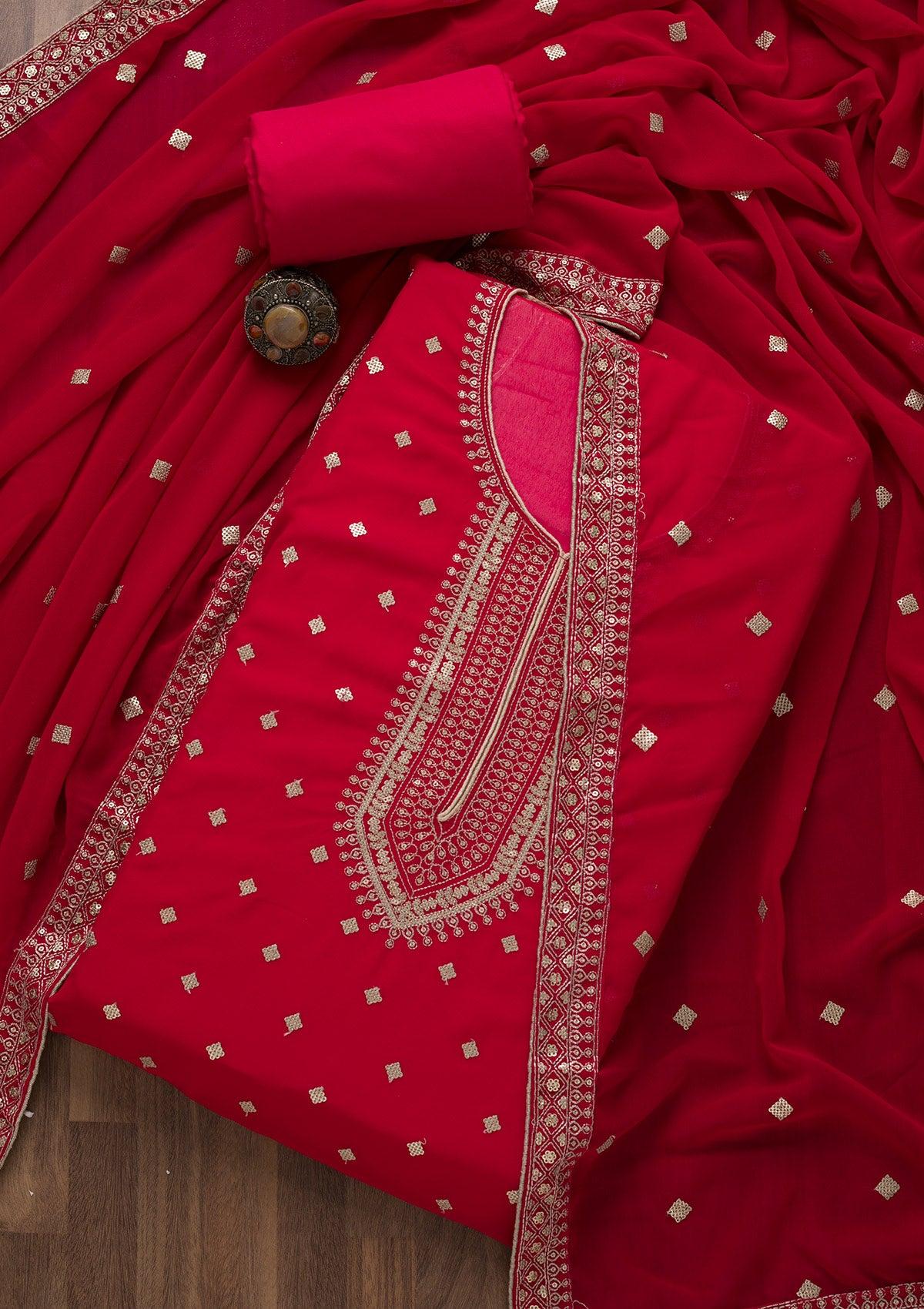 red sequins georgette unstitched salwar suit