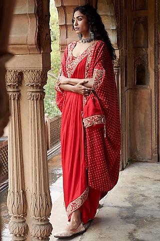 red silk bandhani cape set