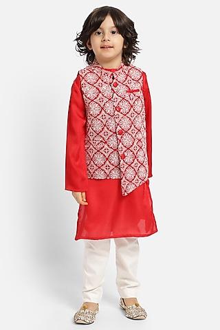 red silk blend chikankari bundi jacket with kurta set for boys