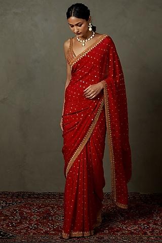 red silk embroidered & printed saree set