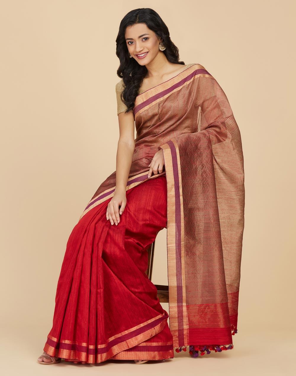 red silk hand woven sari