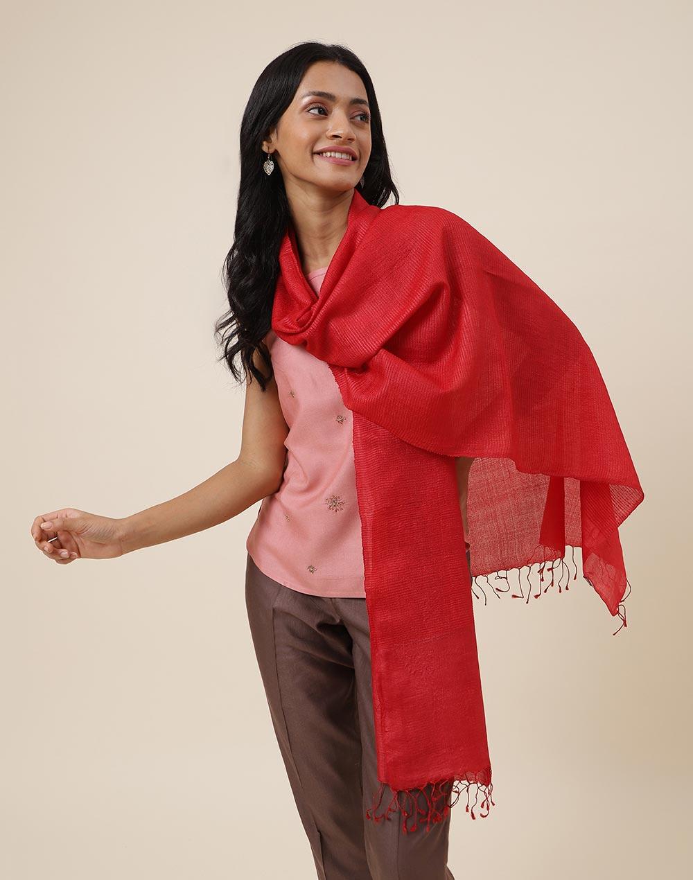red silk hand woven stole