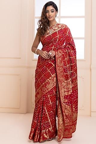 red silk handcrafted bandhani saree set