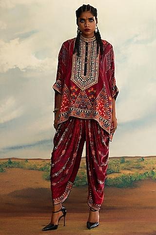 red silk printed & embroidered tunic