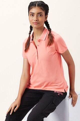 red solid active wear short sleeves polo neck women regular fit top