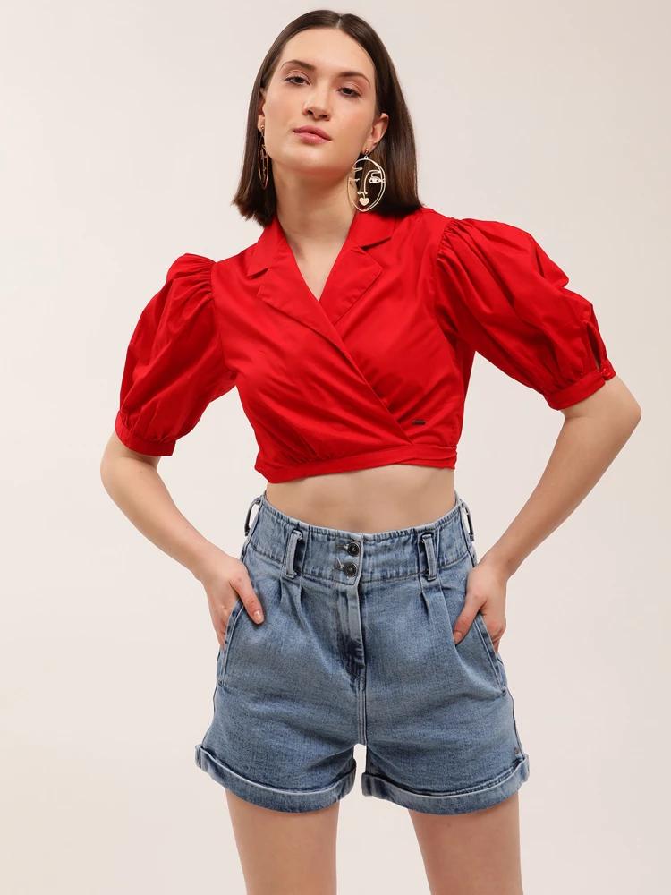 red solid notched lapel top