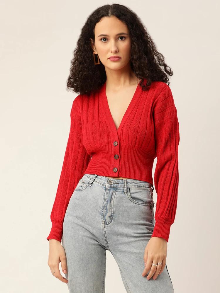 red solid v neck sweater