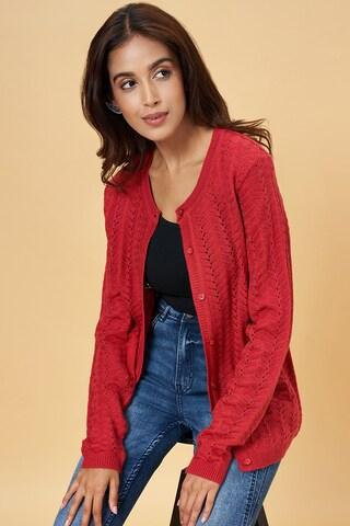 red solid winter wear full sleeves round neck women regular fit  cardigan