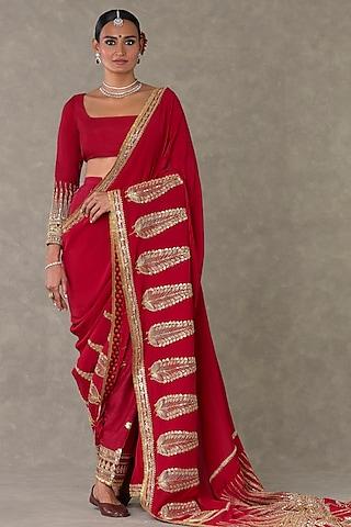 red son-patti crepe silk motif embroidered saree set