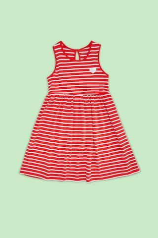 red stripe round neck casual knee length sleeveless girls regular fit dress