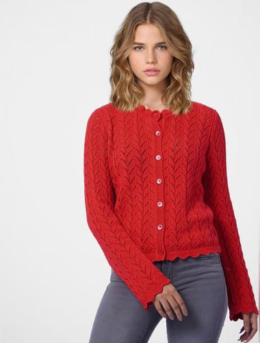 red structured-knit cardigan
