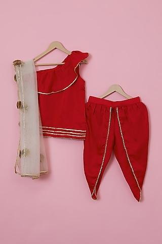 red summer silk ruffled one-shoulder kurta set for girls