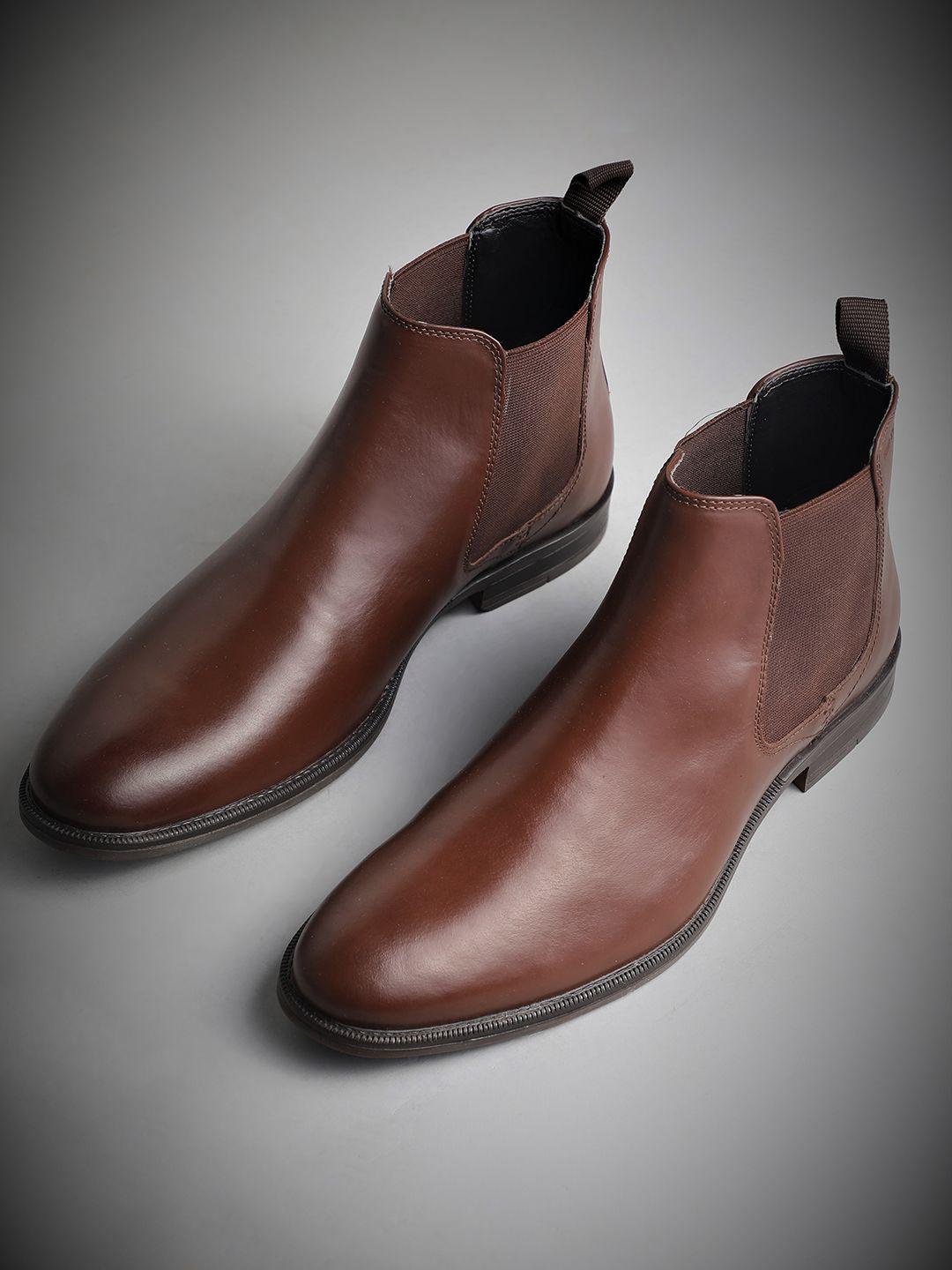 red tape men brown solid leather mid-top flat boots