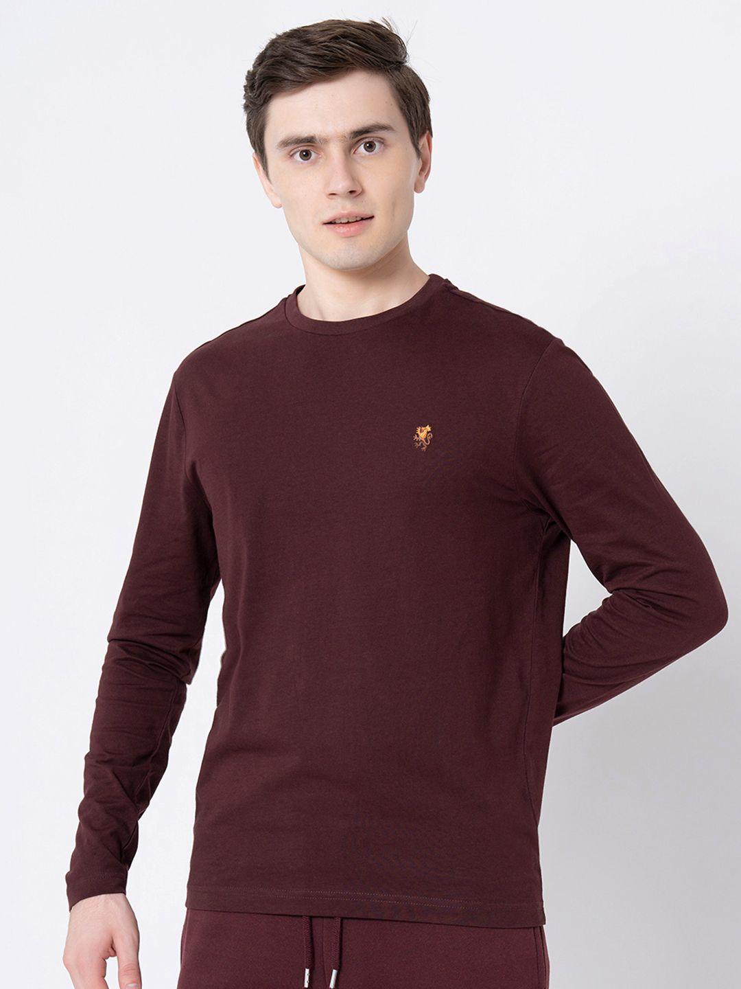 red tape men maroon solid cotton full sleeve t-shirt
